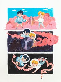 The second painting of a set inspired by Seventeen's Rocket. A dark-haired boy and a light-haired boy fly through space in a rocket. 'Zoom' is spelled out in the smoke trail.