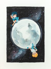 The first painting of a set inspired by Seventeen's Rocket. A dark-haired boy and a light-haired boy sit on the moon. The dark-haired boy is looking at his phone. The light-haired boy is looking at the dark-haired boy.