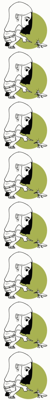 Animation of the artist playing with
a praying mantis with a stick.